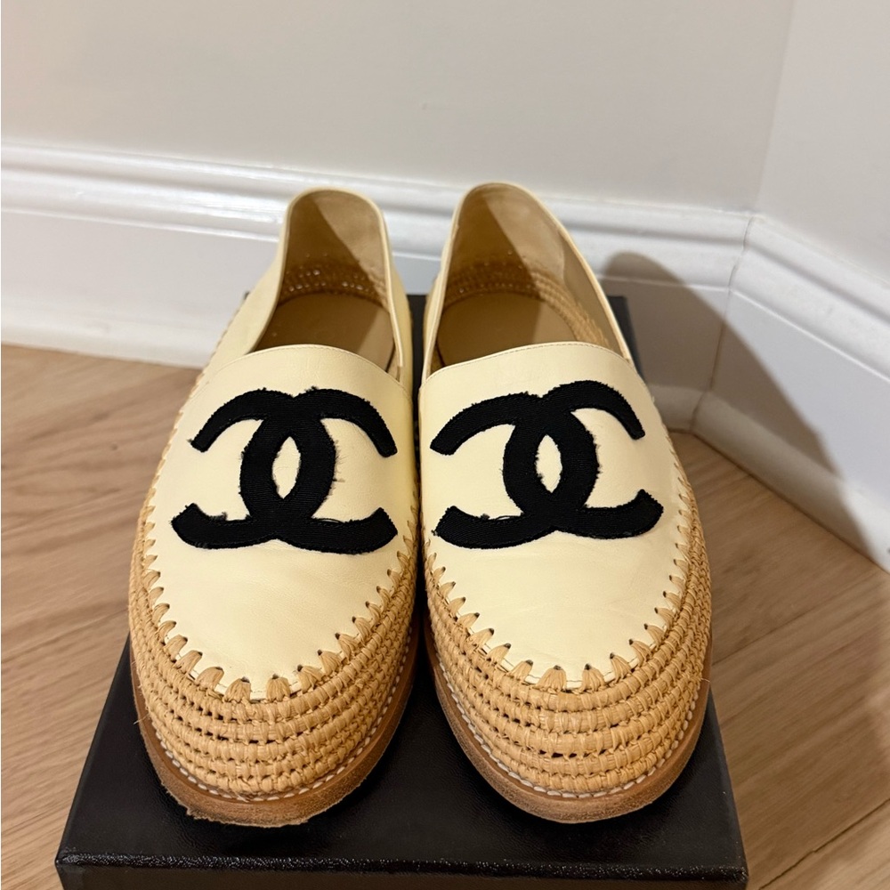 CHANEL Cream and Tan Espadrille Loafers Size EU 39